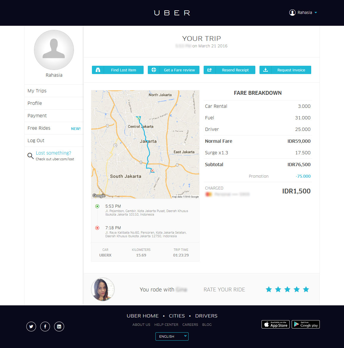 Uber Receipt, Promo Potongan Harga Rp75.000,00